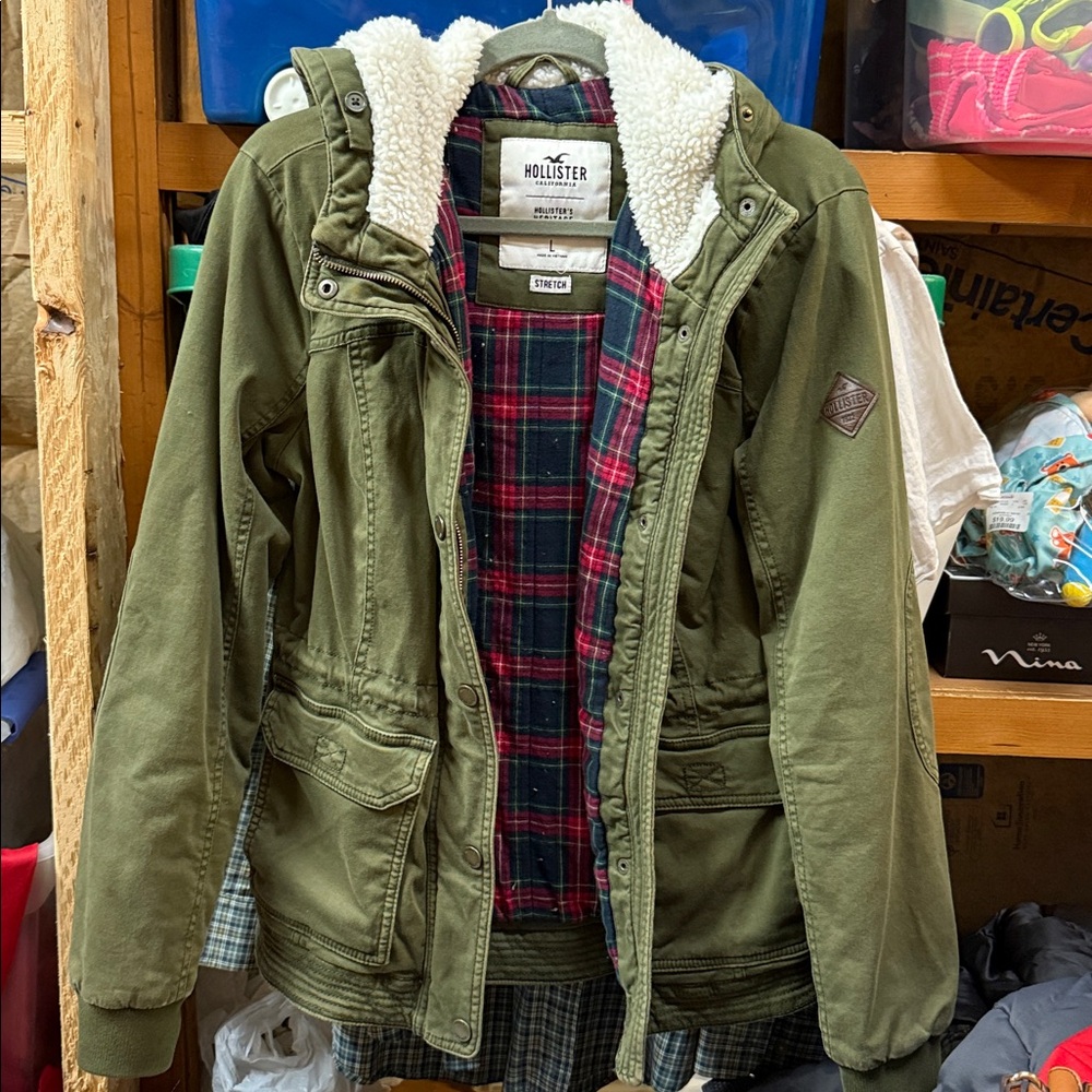 Hollister Olive Jacket with Red Plaid Lining